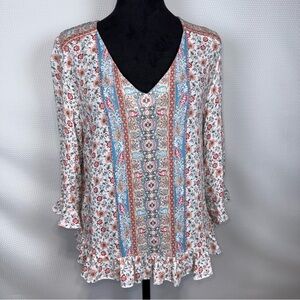 Rose & Thyme Boho Paisley & Floral Ruffe Trim Top Sz Medium V-neck 3/4 Sleeves